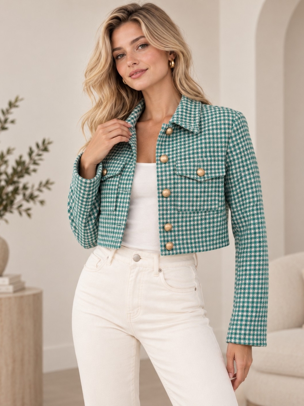 Only Green Houndstooth Cropped Blazer with Gold Buttons